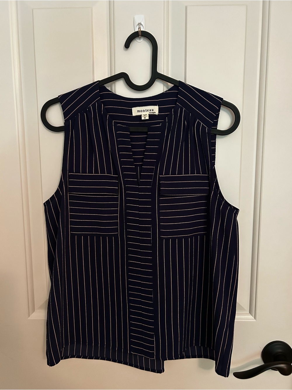 Monteau Navy and White Pinstripe Sleeveless V-Neck Blouse